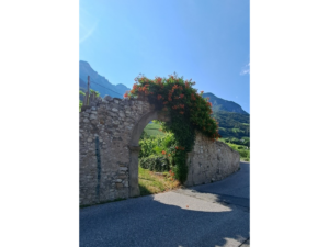 Bild mit Mauer und Tor vor Bergpanorama